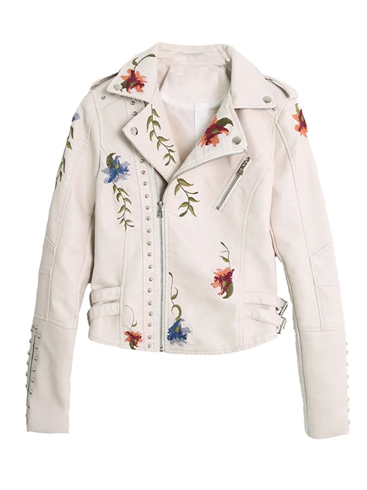 Floral Embroidery Faux Leather Jacket