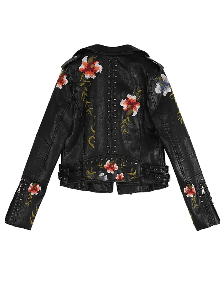 Floral Embroidery Faux Leather Jacket
