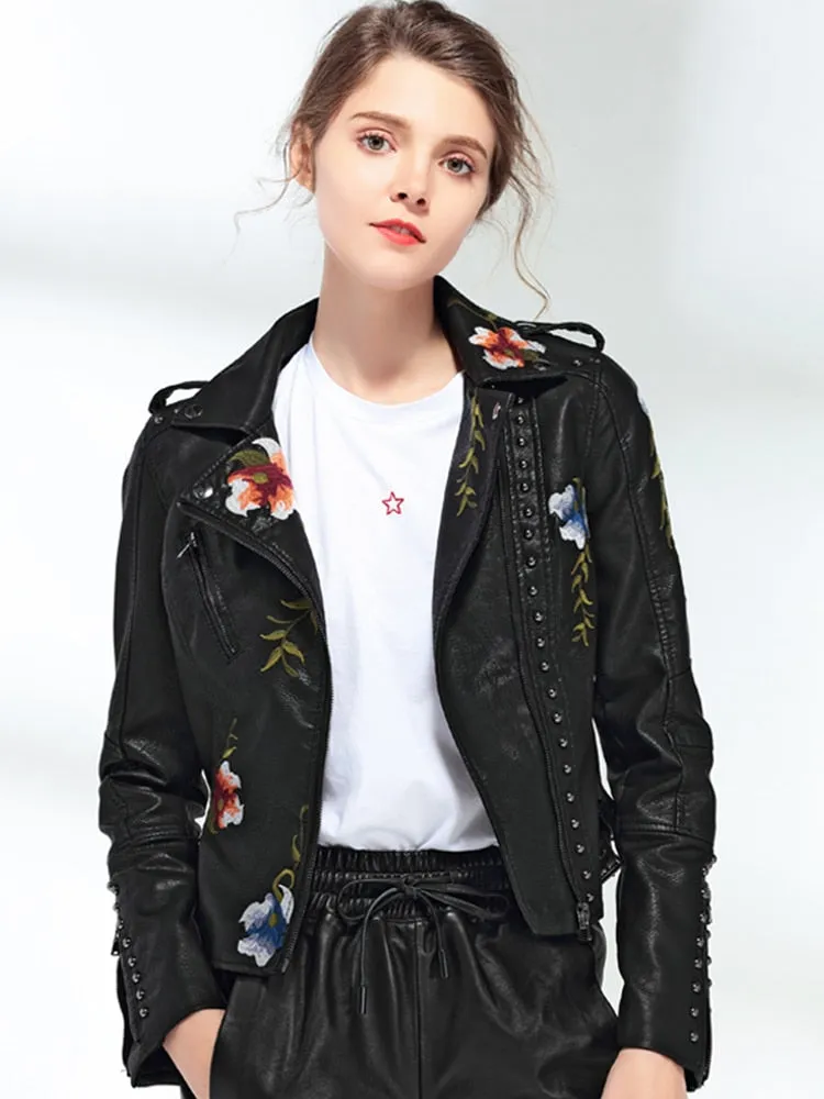 Floral Embroidery Faux Leather Jacket