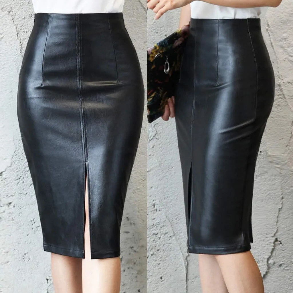 Front Slit Leather Skirts for Women Dressy Casual Bodycon Midi Pencil Skirt Faux Leather High Waist Skirts