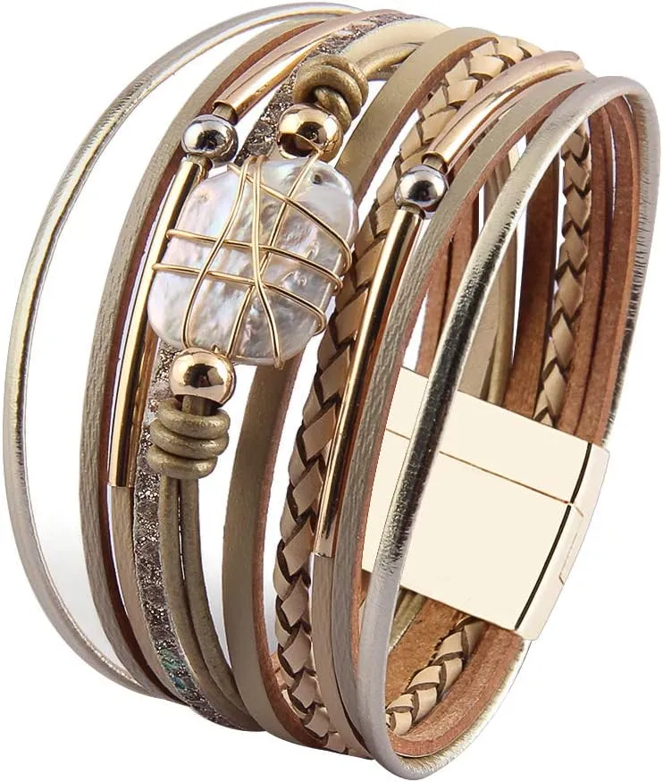GelConnie Leather Cuff Bracelet Baroque Pearl Wrap Bracelet Gorgeous Gold Tube Bangle Boho Bracelet Bohemian Wristband Jewelry Gift for Women Wife