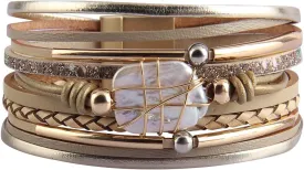 GelConnie Leather Cuff Bracelet Baroque Pearl Wrap Bracelet Gorgeous Gold Tube Bangle Boho Bracelet Bohemian Wristband Jewelry Gift for Women Wife