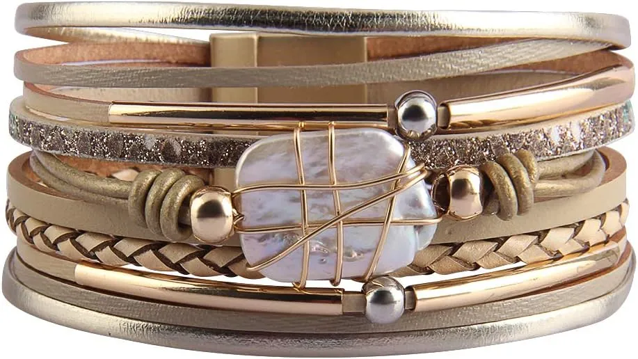 GelConnie Leather Cuff Bracelet Baroque Pearl Wrap Bracelet Gorgeous Gold Tube Bangle Boho Bracelet Bohemian Wristband Jewelry Gift for Women Wife