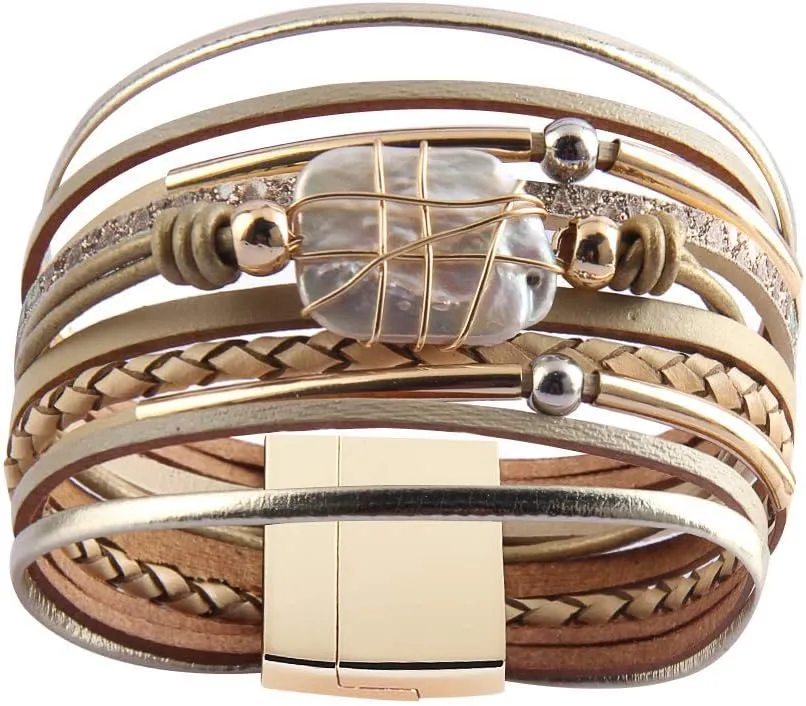 GelConnie Leather Cuff Bracelet Baroque Pearl Wrap Bracelet Gorgeous Gold Tube Bangle Boho Bracelet Bohemian Wristband Jewelry Gift for Women Wife