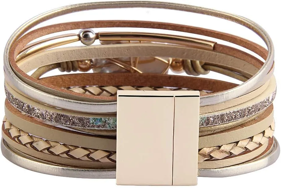 GelConnie Leather Cuff Bracelet Baroque Pearl Wrap Bracelet Gorgeous Gold Tube Bangle Boho Bracelet Bohemian Wristband Jewelry Gift for Women Wife
