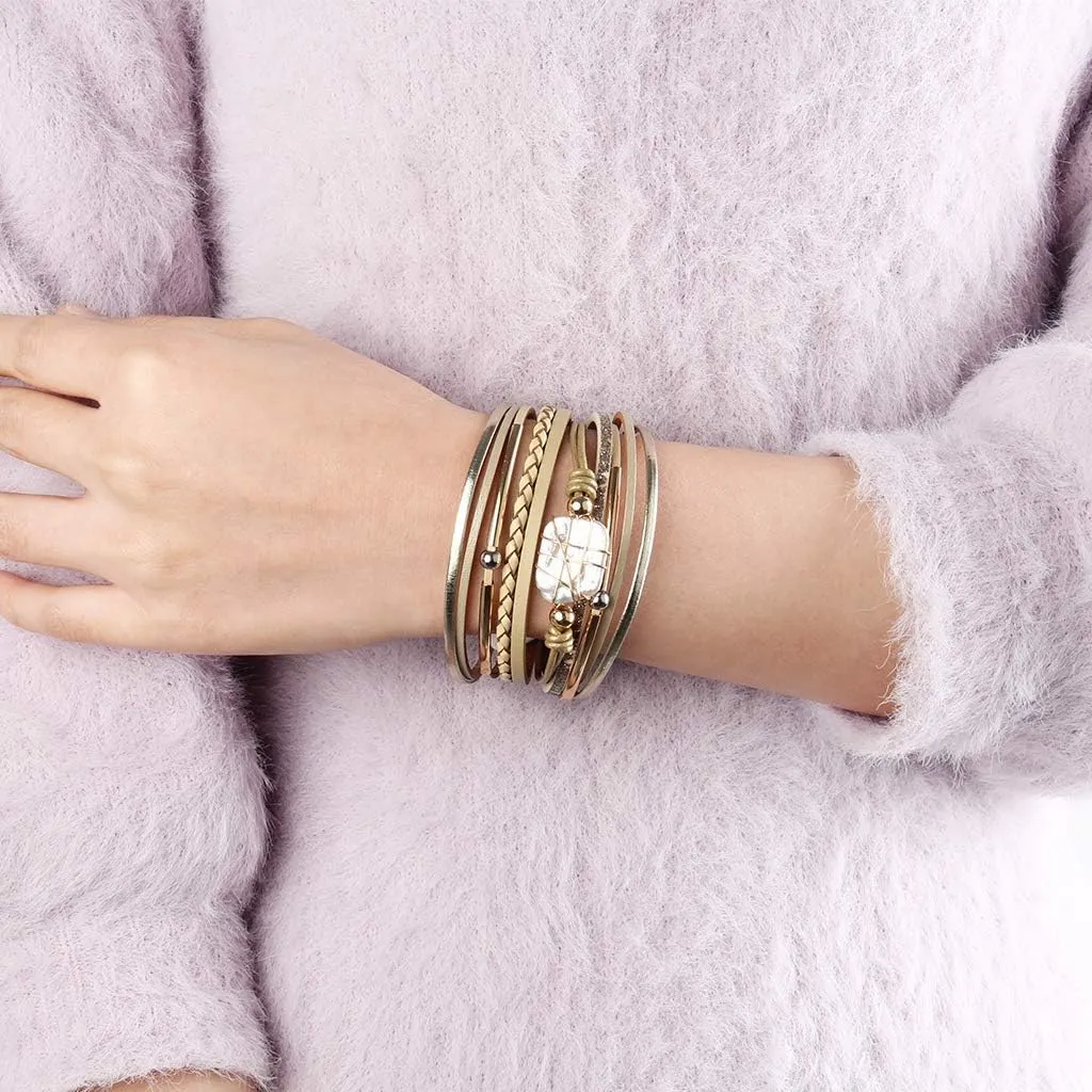 GelConnie Leather Cuff Bracelet Baroque Pearl Wrap Bracelet Gorgeous Gold Tube Bangle Boho Bracelet Bohemian Wristband Jewelry Gift for Women Wife