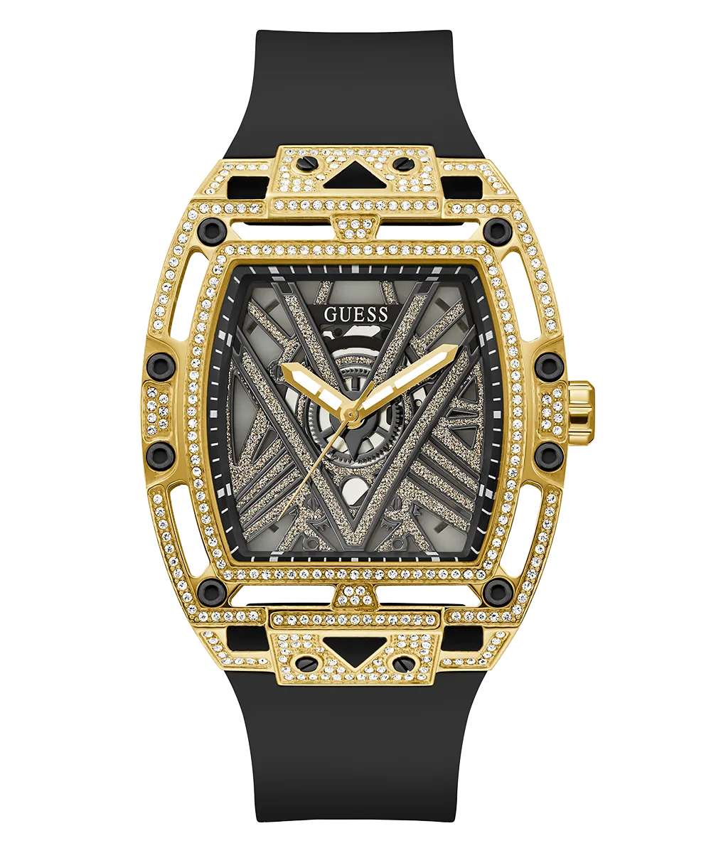 GUESS Mens Black Gold Tone Analog Watch