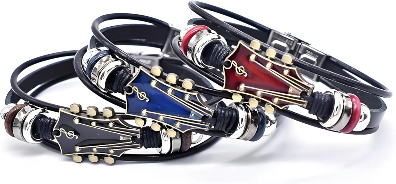 Guitar Leather Bracelet, Red Black Blue Leather Vintage Stack Bracelet For Men Women Dainty Trendy Music Bangle Bracelet Inspirational Holiday Meaningful Jewelry Gift