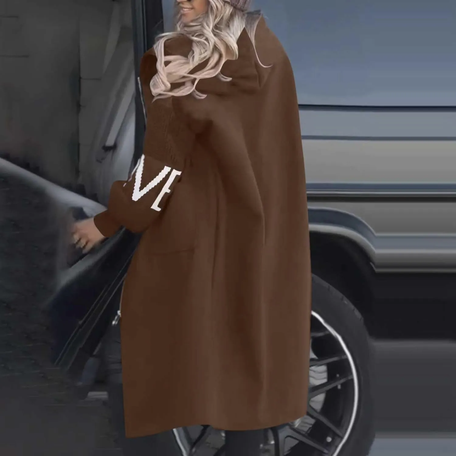 HGps8w Long Hoodies Jacket for Women Letter Knitted Patchwork Long Sleeve Casual Drawstring Waist Outerwear with Pockets