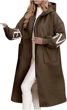 HGps8w Long Hoodies Jacket for Women Letter Knitted Patchwork Long Sleeve Casual Drawstring Waist Outerwear with Pockets
