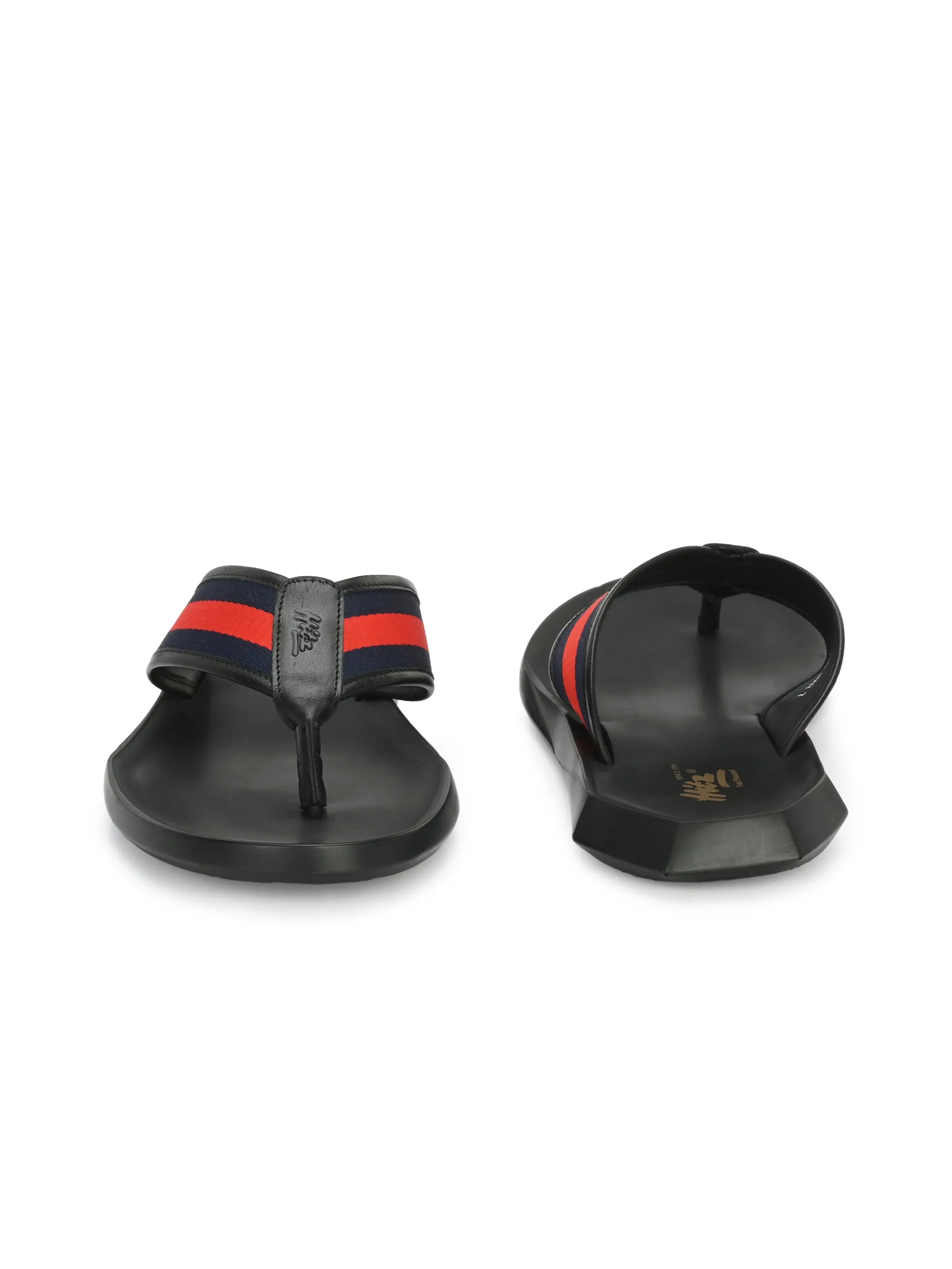 Hitz Men's Black Leather Open Toe Slippers