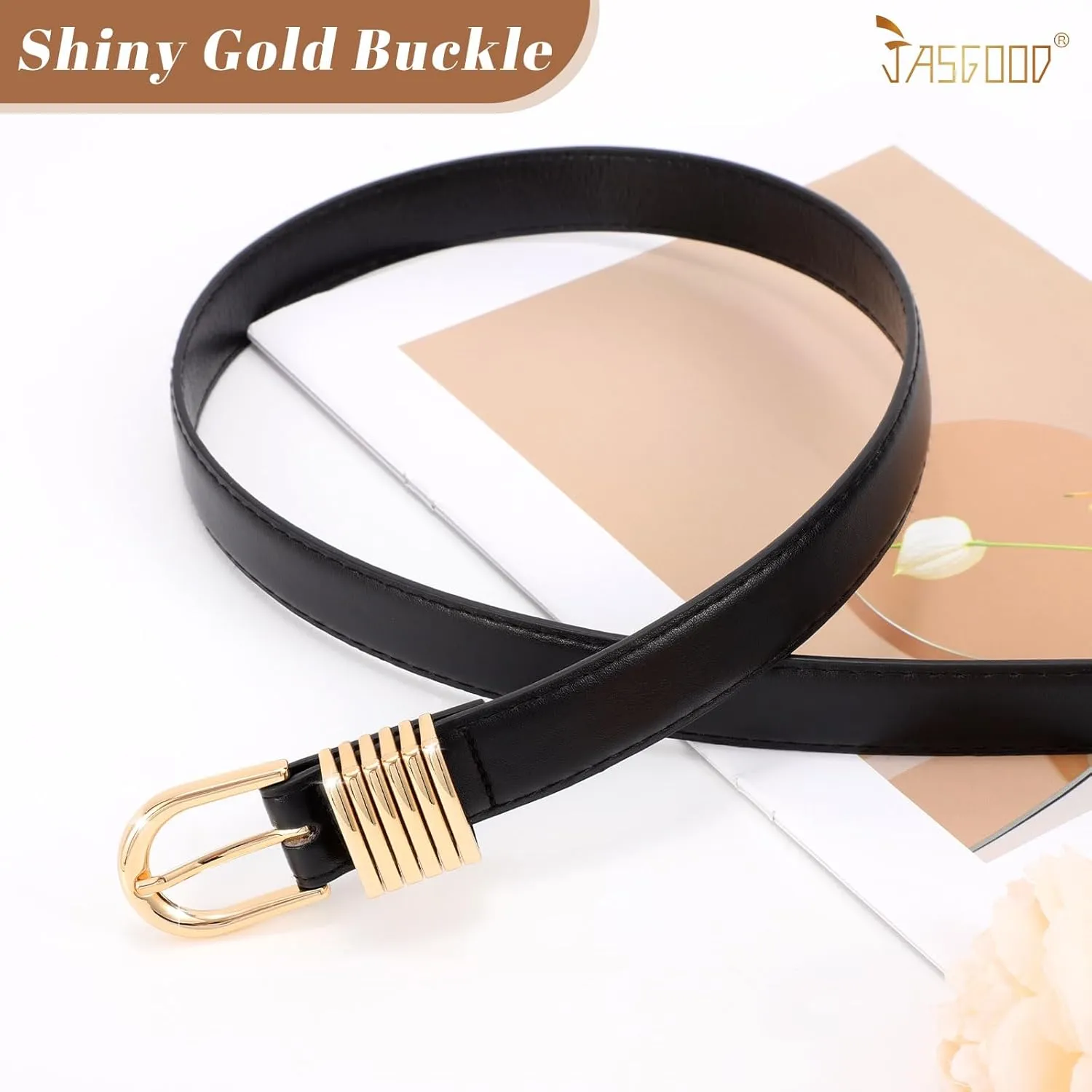 JASGOOD Women Skinny Leather Belt for Jeans Pants Fashion Ladies Thin Belt for Dress with Gold Single Prong Buckle