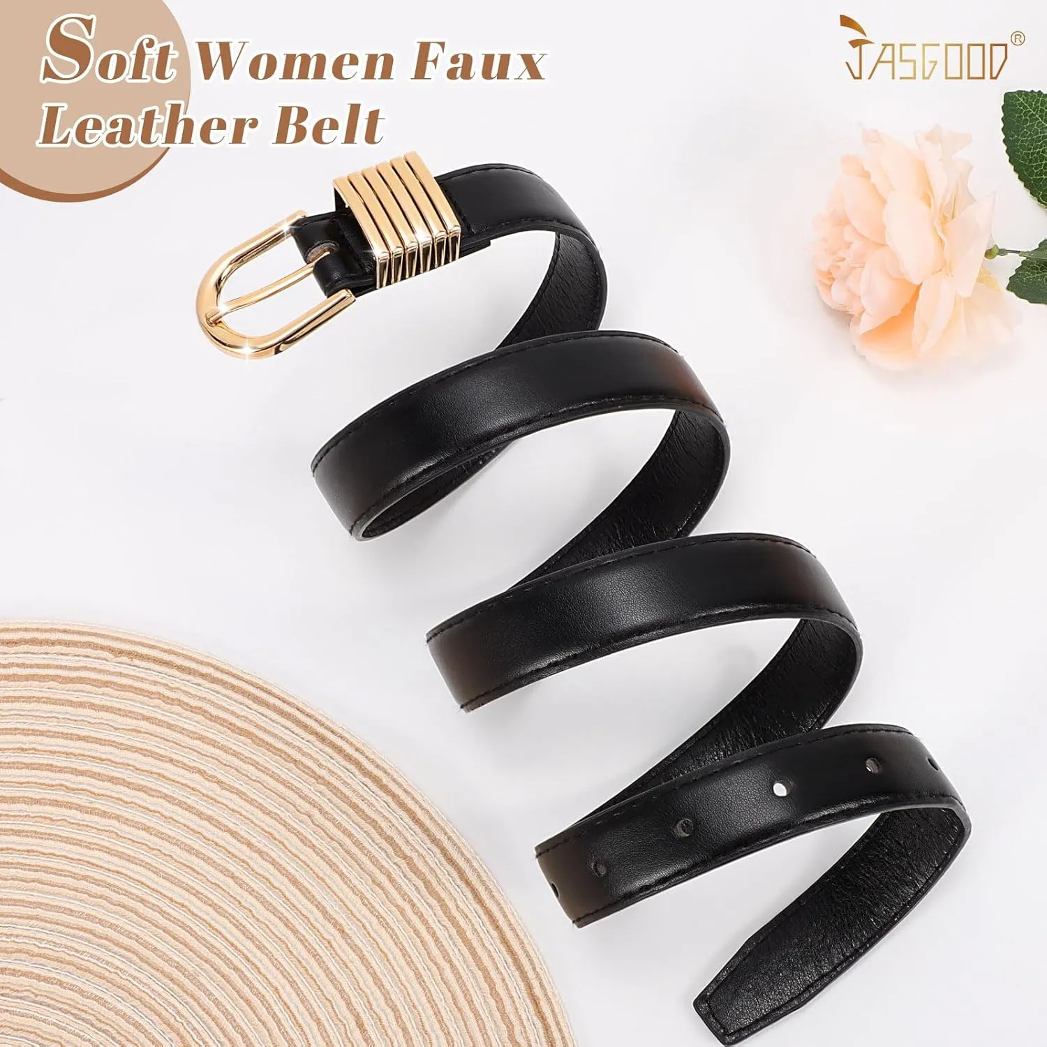 JASGOOD Women Skinny Leather Belt for Jeans Pants Fashion Ladies Thin Belt for Dress with Gold Single Prong Buckle