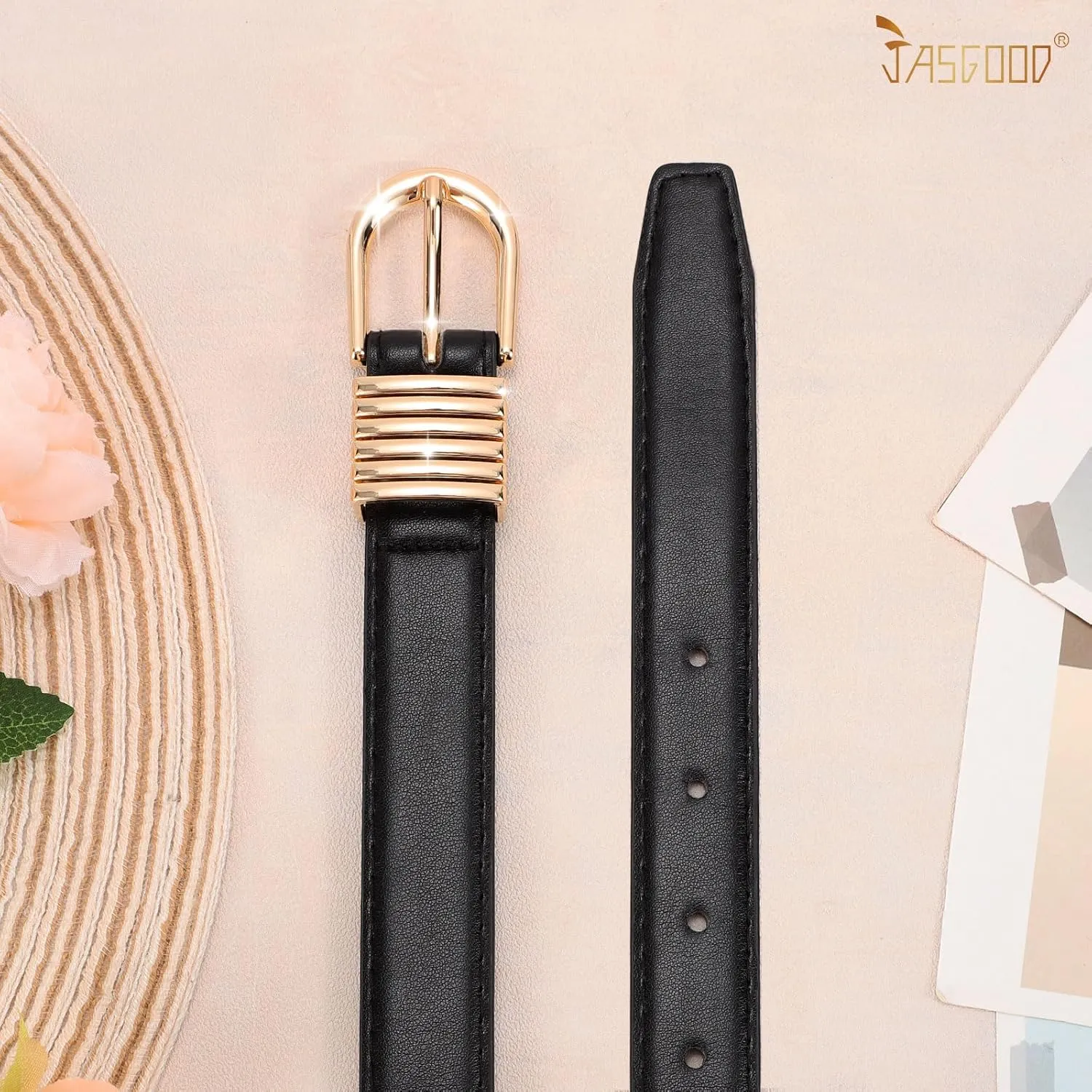 JASGOOD Women Skinny Leather Belt for Jeans Pants Fashion Ladies Thin Belt for Dress with Gold Single Prong Buckle