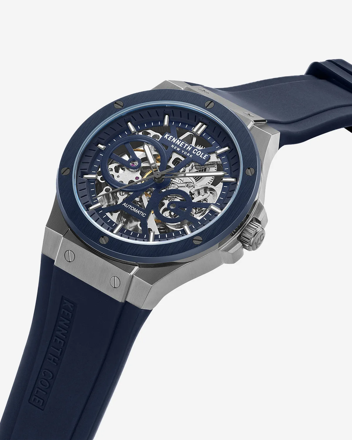 Kenneth Cole New York Automatic Two-Tone Gunmetal Stainless Steel Watch with Blue Leather Strap