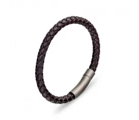 Leather & Stainless Steel Men's Bracelet - Brown Braid with Matte Clasp