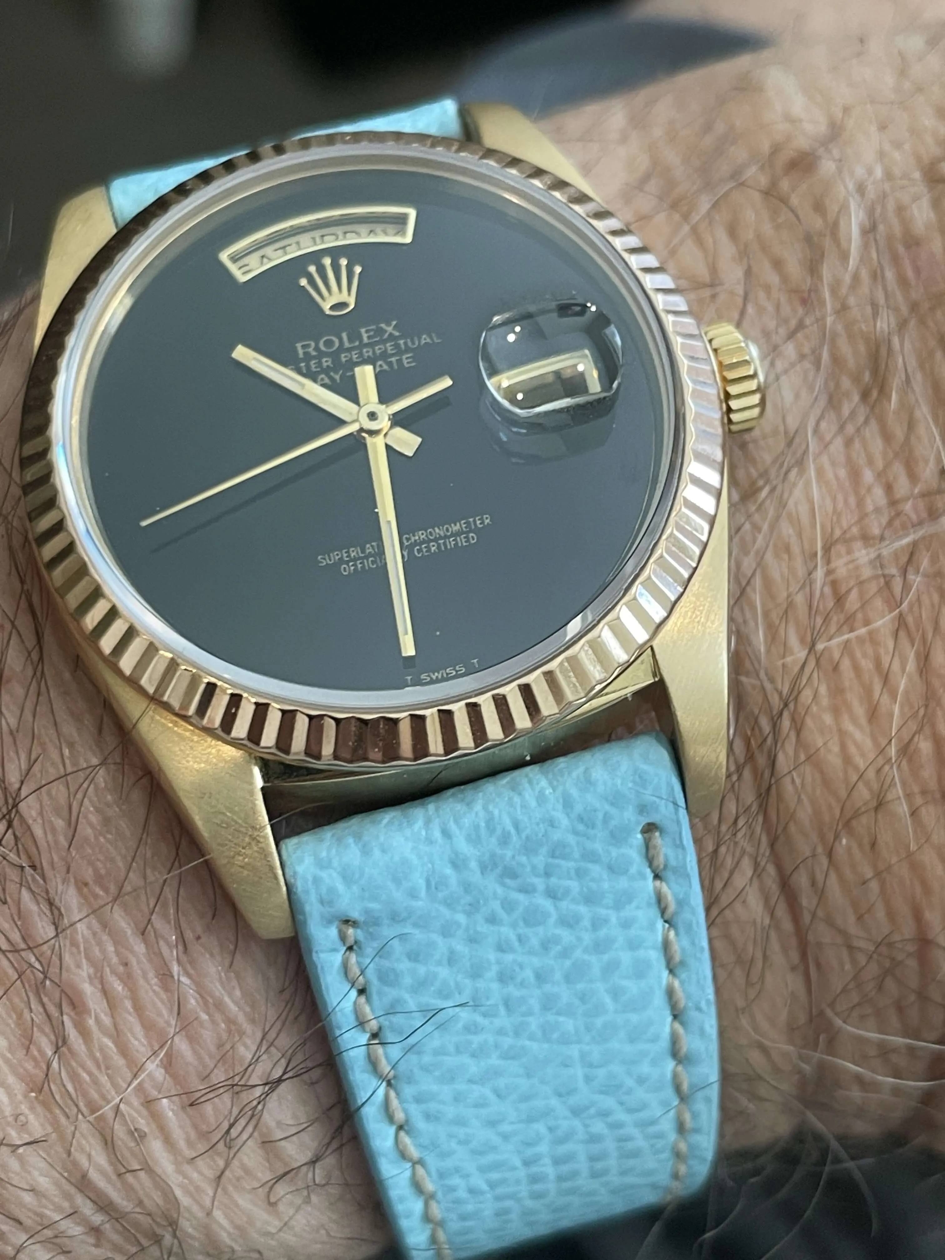 Light Blue Hammered Calfskin Ecru Stitches Watch strap