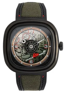 Limited Edition SEVENFRIDAY T-Series Green Tiger Automatic Black PVD Green Skeleton Dial Black/Green Leather Strap Mens Watch T3/04
