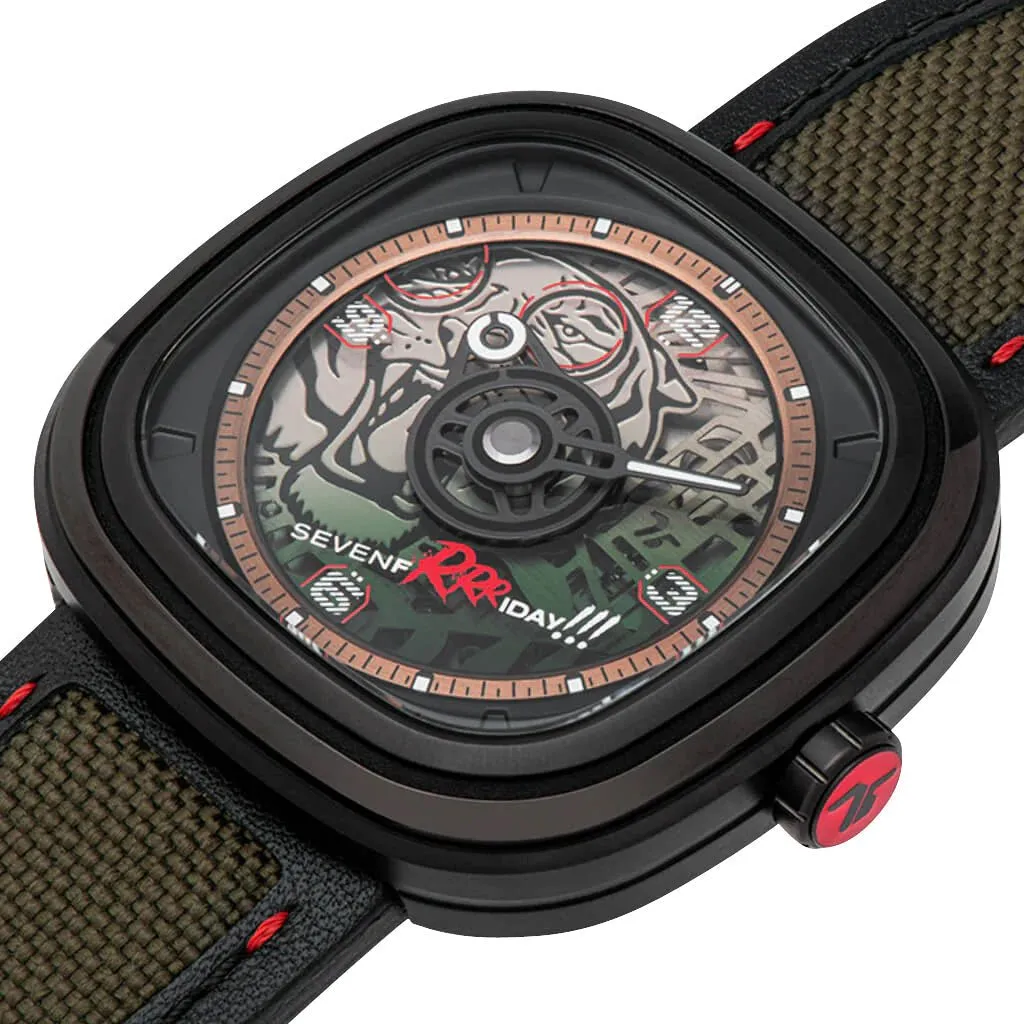 Limited Edition SEVENFRIDAY T-Series Green Tiger Automatic Black PVD Green Skeleton Dial Black/Green Leather Strap Mens Watch T3/04