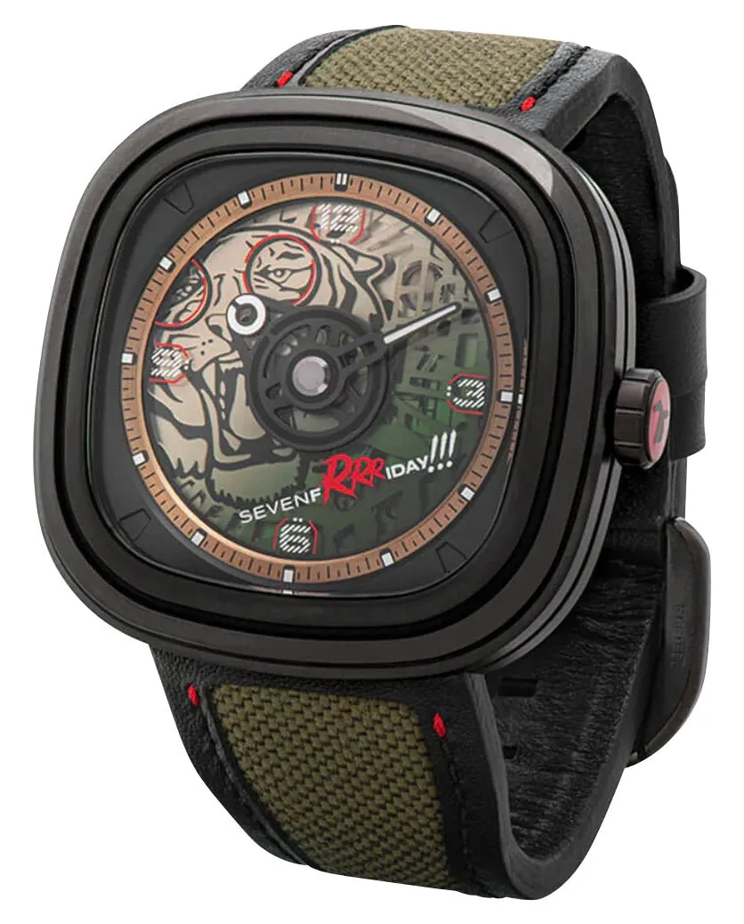 Limited Edition SEVENFRIDAY T-Series Green Tiger Automatic Black PVD Green Skeleton Dial Black/Green Leather Strap Mens Watch T3/04