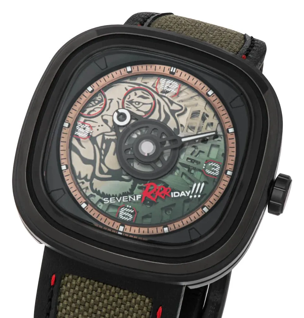 Limited Edition SEVENFRIDAY T-Series Green Tiger Automatic Black PVD Green Skeleton Dial Black/Green Leather Strap Mens Watch T3/04