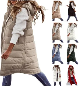 Long Puffer Vest for Women Padded Sleeveless Hooded Jackets Winter Warm Puffy Coats Outerwear Vests with Pockets