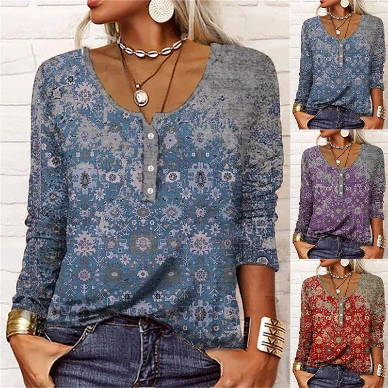 Long-sleeved U-neck Top with Buttons