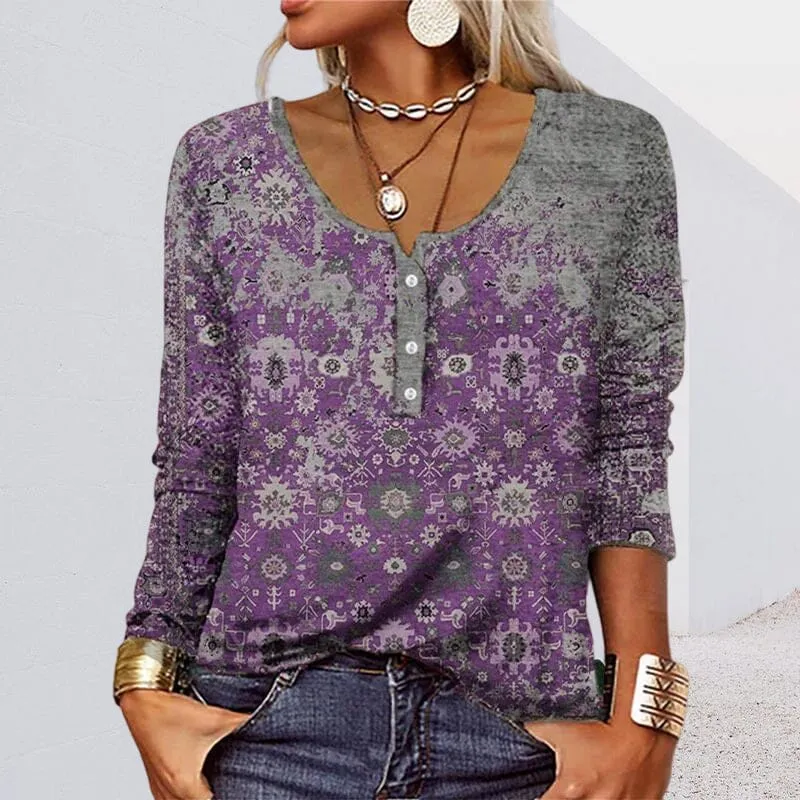 Long-sleeved U-neck Top with Buttons