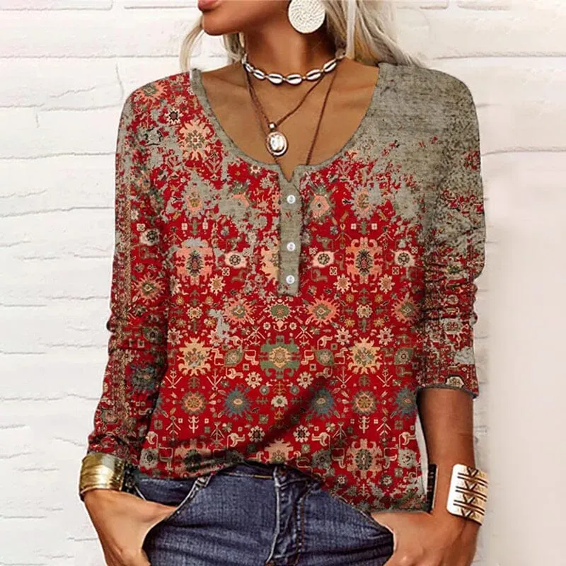 Long-sleeved U-neck Top with Buttons