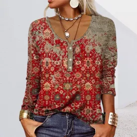 Long-sleeved U-neck Top with Buttons