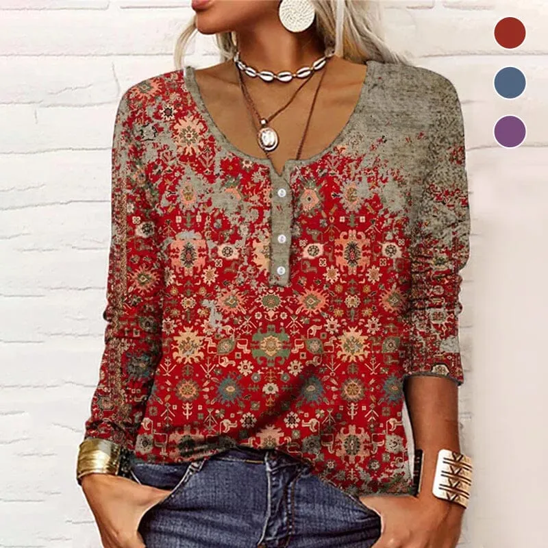 Long-sleeved U-neck Top with Buttons