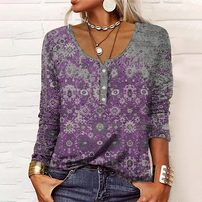 Long-sleeved U-neck Top with Buttons