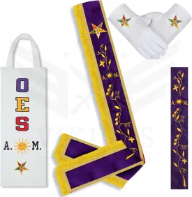Masonic OES Associate Matron Sash with Cotton Gloves & Free Embroidered Leather Sash Case - Order of the Eastern Star AM Purple Velvet Sash with Gold Fringe