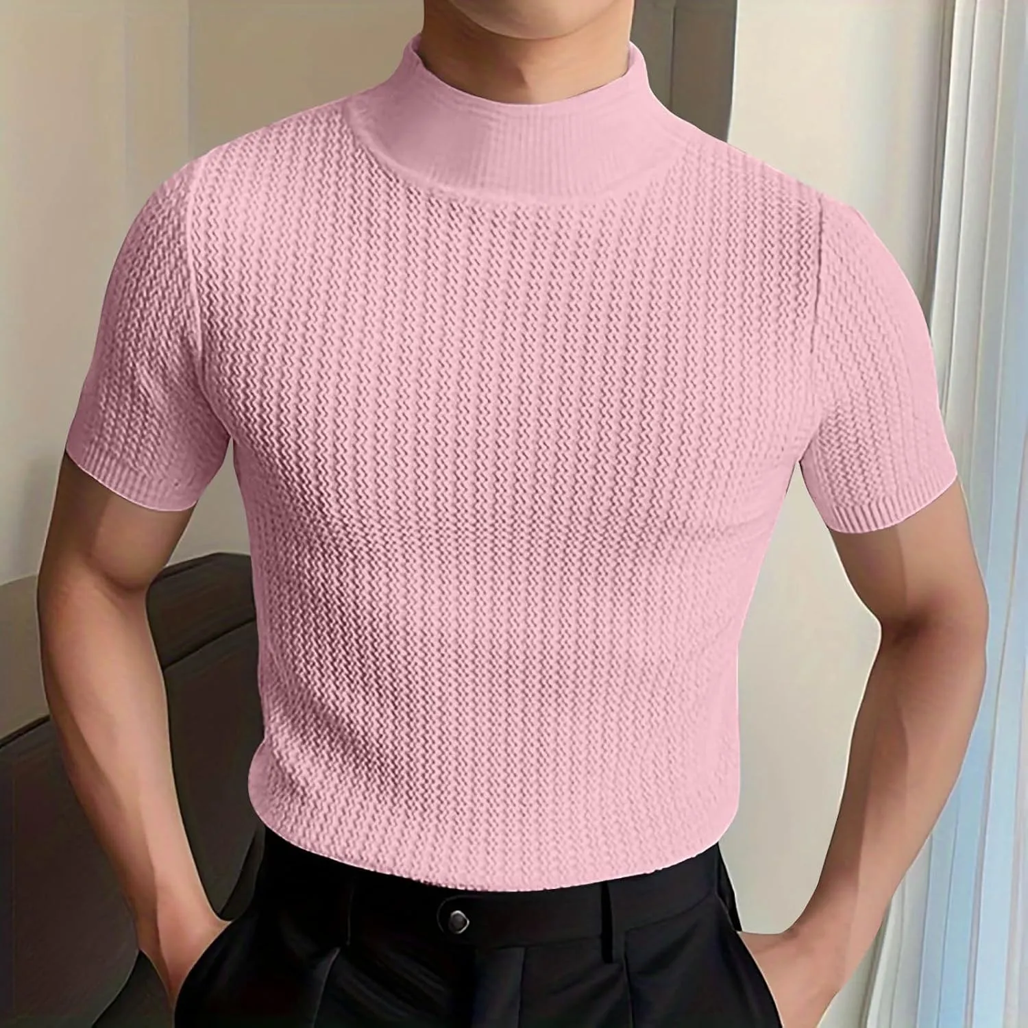 Men Mock Turtleneck Tshirt Ribbed High Collar Short Sleeve Pullover Tops Spring Summer Basic Fitted Muscle Undershirt