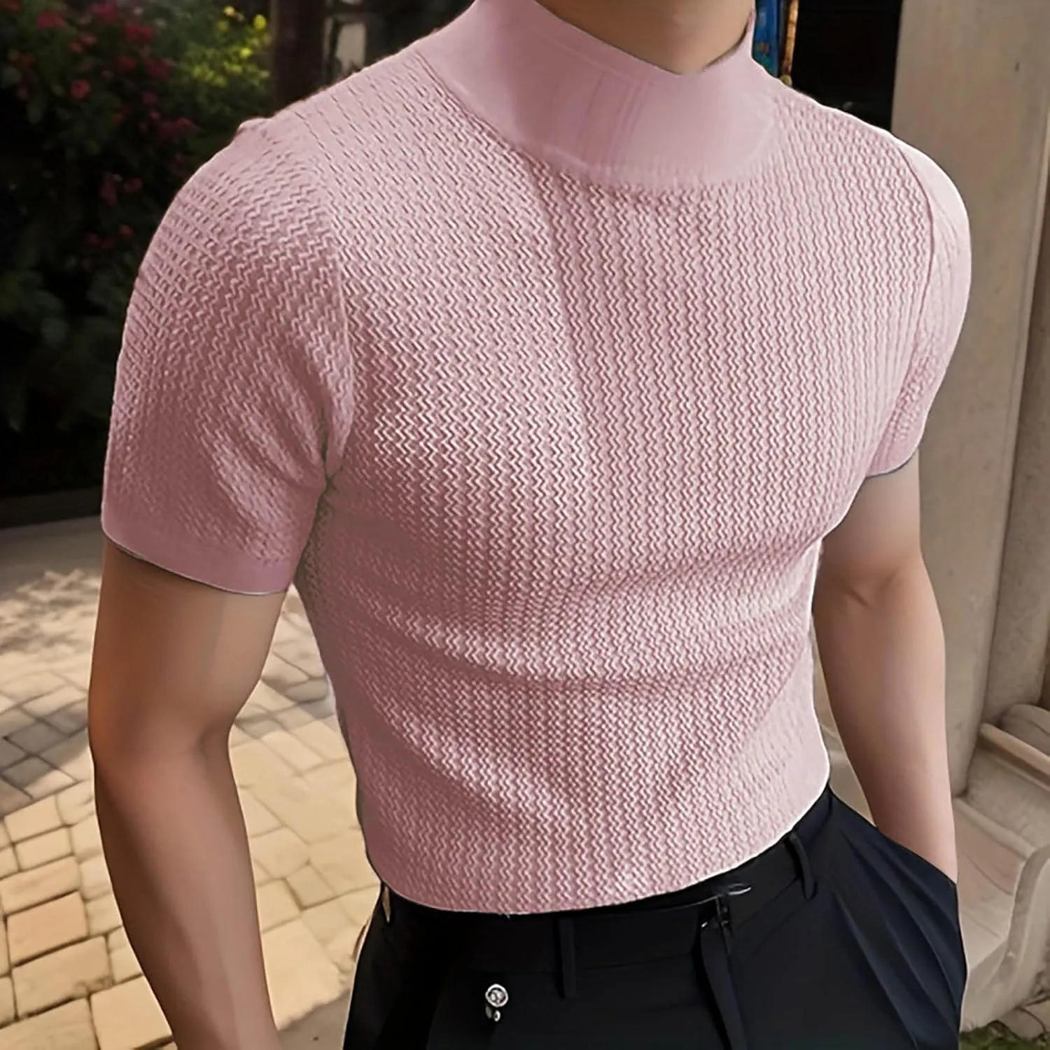 Men Mock Turtleneck Tshirt Ribbed High Collar Short Sleeve Pullover Tops Spring Summer Basic Fitted Muscle Undershirt