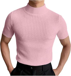 Men Mock Turtleneck Tshirt Ribbed High Collar Short Sleeve Pullover Tops Spring Summer Basic Fitted Muscle Undershirt