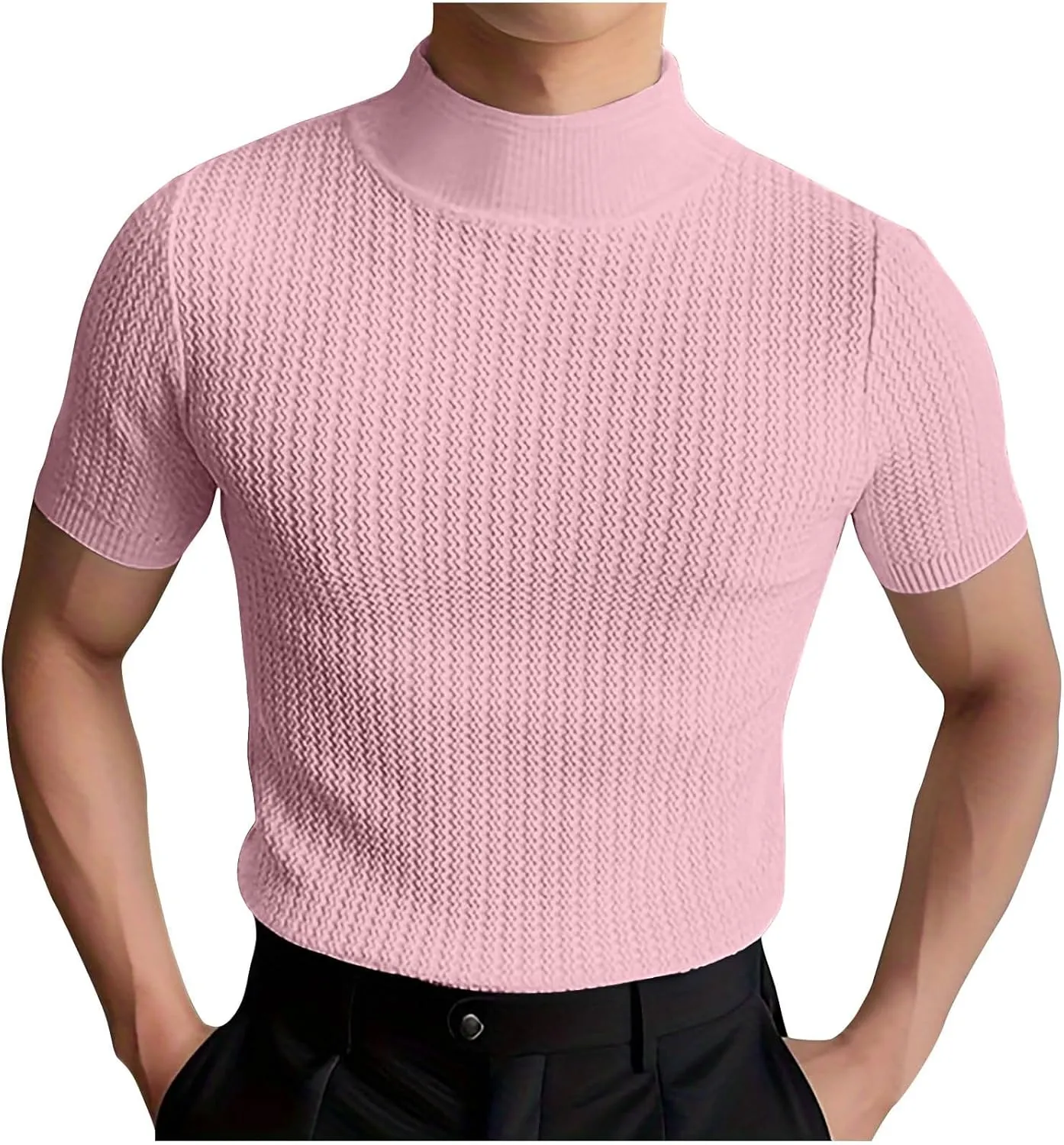 Men Mock Turtleneck Tshirt Ribbed High Collar Short Sleeve Pullover Tops Spring Summer Basic Fitted Muscle Undershirt