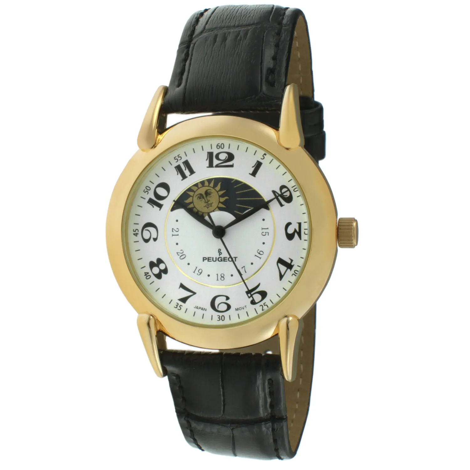 Men's 40mm Vintage White Dial Sun Moon Black Leather Strap Watch