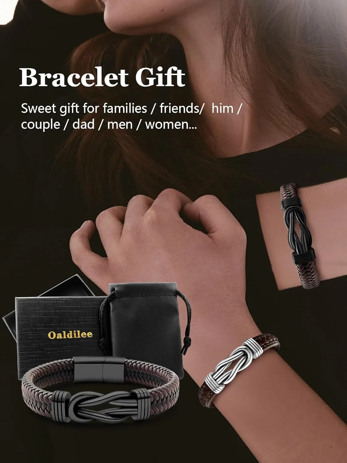 Mens Black Braided Leather Bracelet, Green/Red/Brown/Black Braided Leather Infinity Knot Bracelets for Men with Stainless Steel Clasp, 7.5/8.5/9in Length