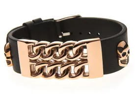 Mens Black Leather And Rose Stainless Steel Skull Bracelet