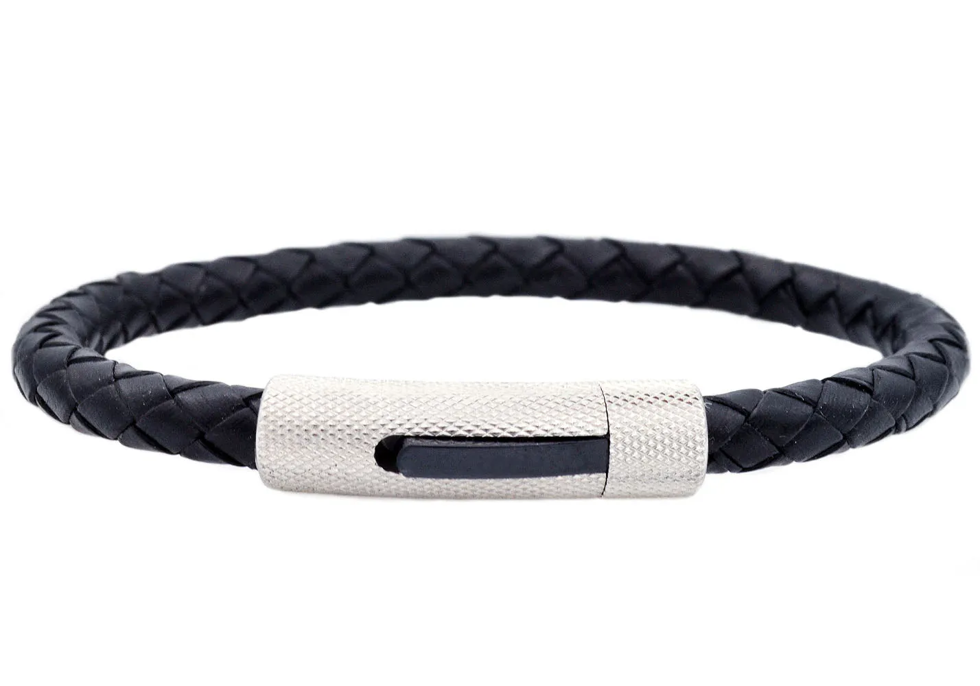 Mens Black Leather And Stainless Steel Bracelet