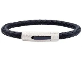 Mens Black Leather And Stainless Steel Bracelet