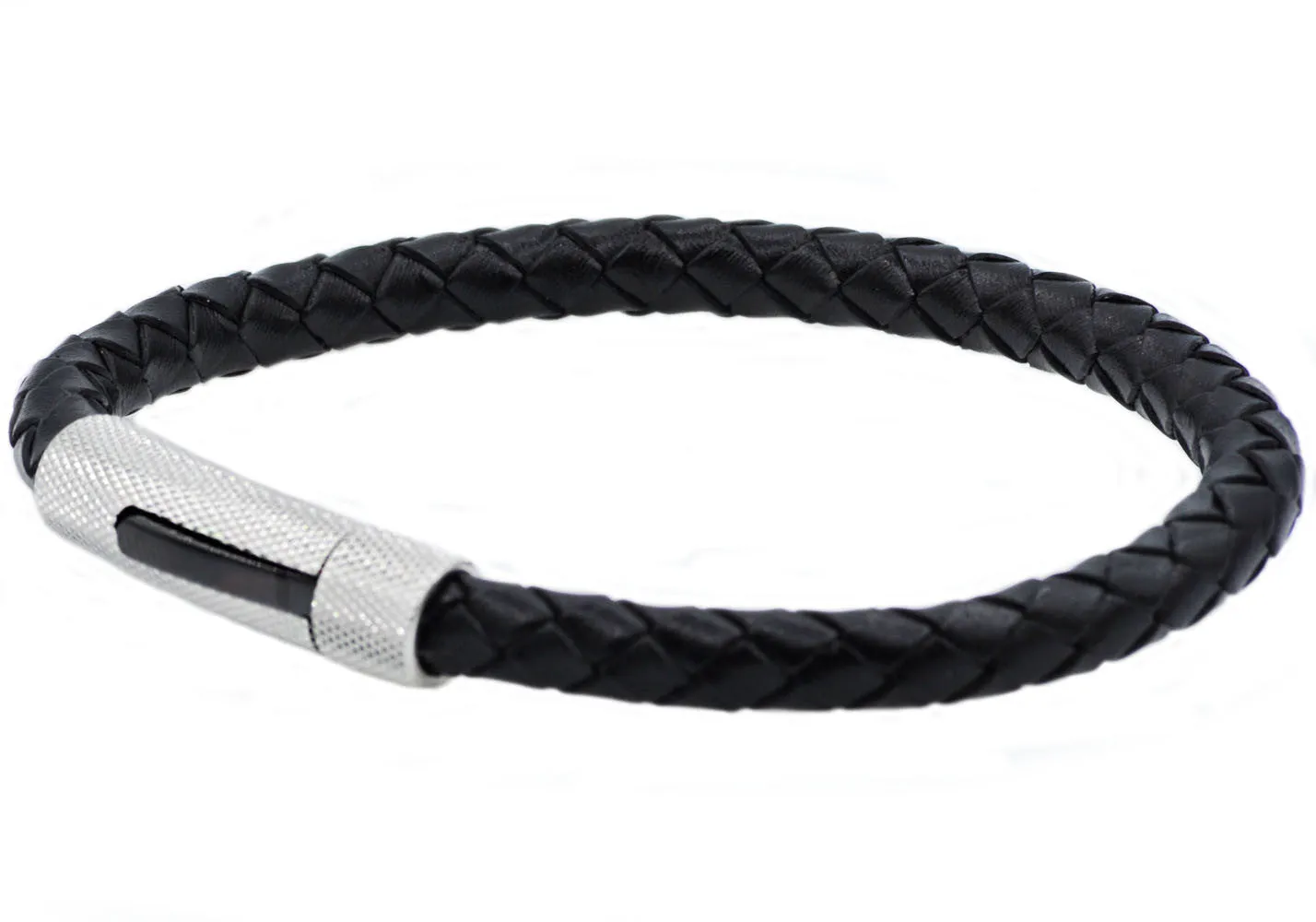 Mens Black Leather And Stainless Steel Bracelet