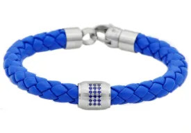 Mens Blue Leather Stainless Steel Bracelet With Blue Cubic Zirconia