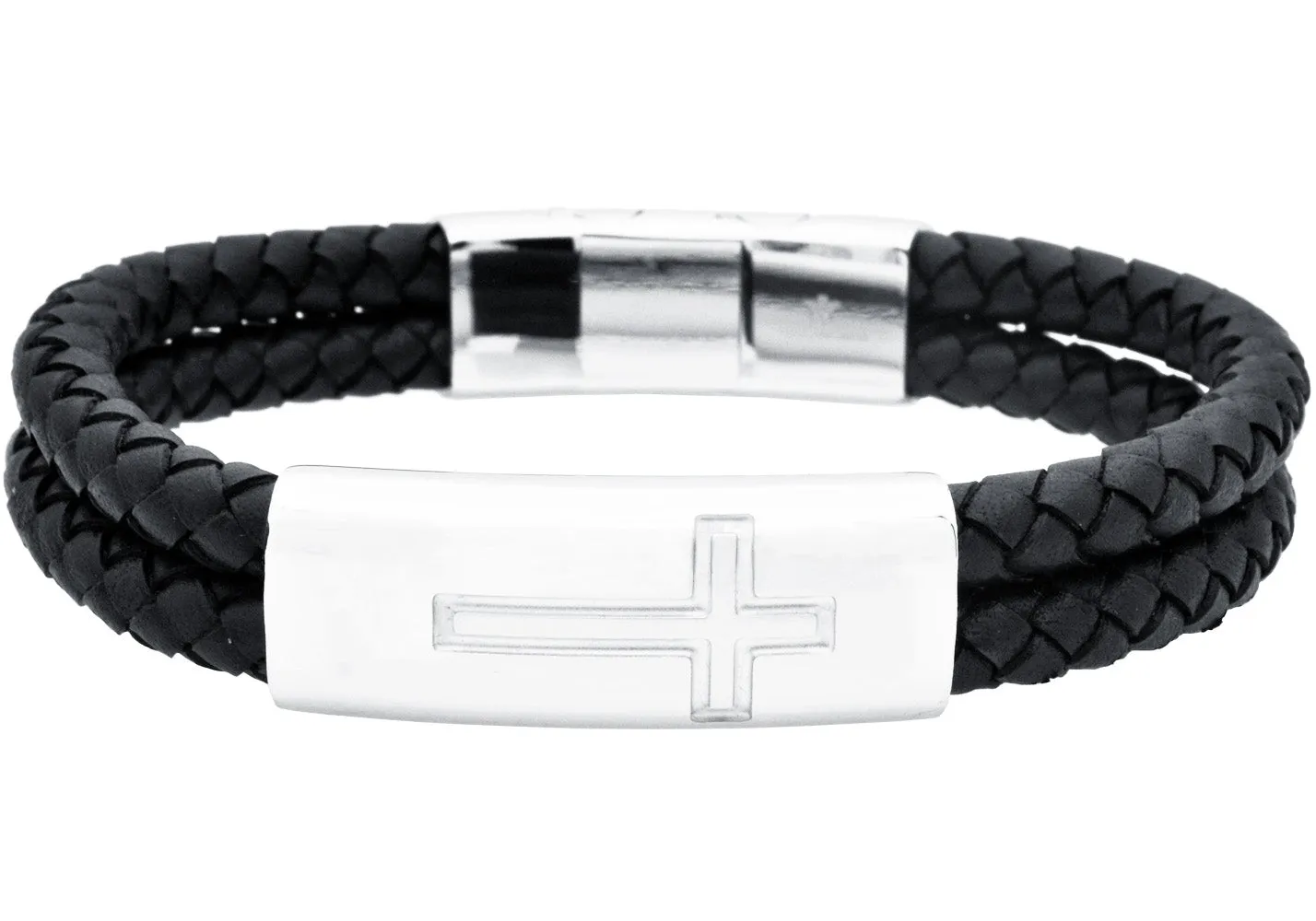 Mens Double Strand Black Leather Stainless Steel Cross Bracelet