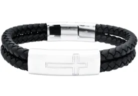 Mens Double Strand Black Leather Stainless Steel Cross Bracelet
