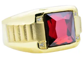 Mens Genuine Red Spinel And Gold Stainless Steel Ring With Cubic Zirconia