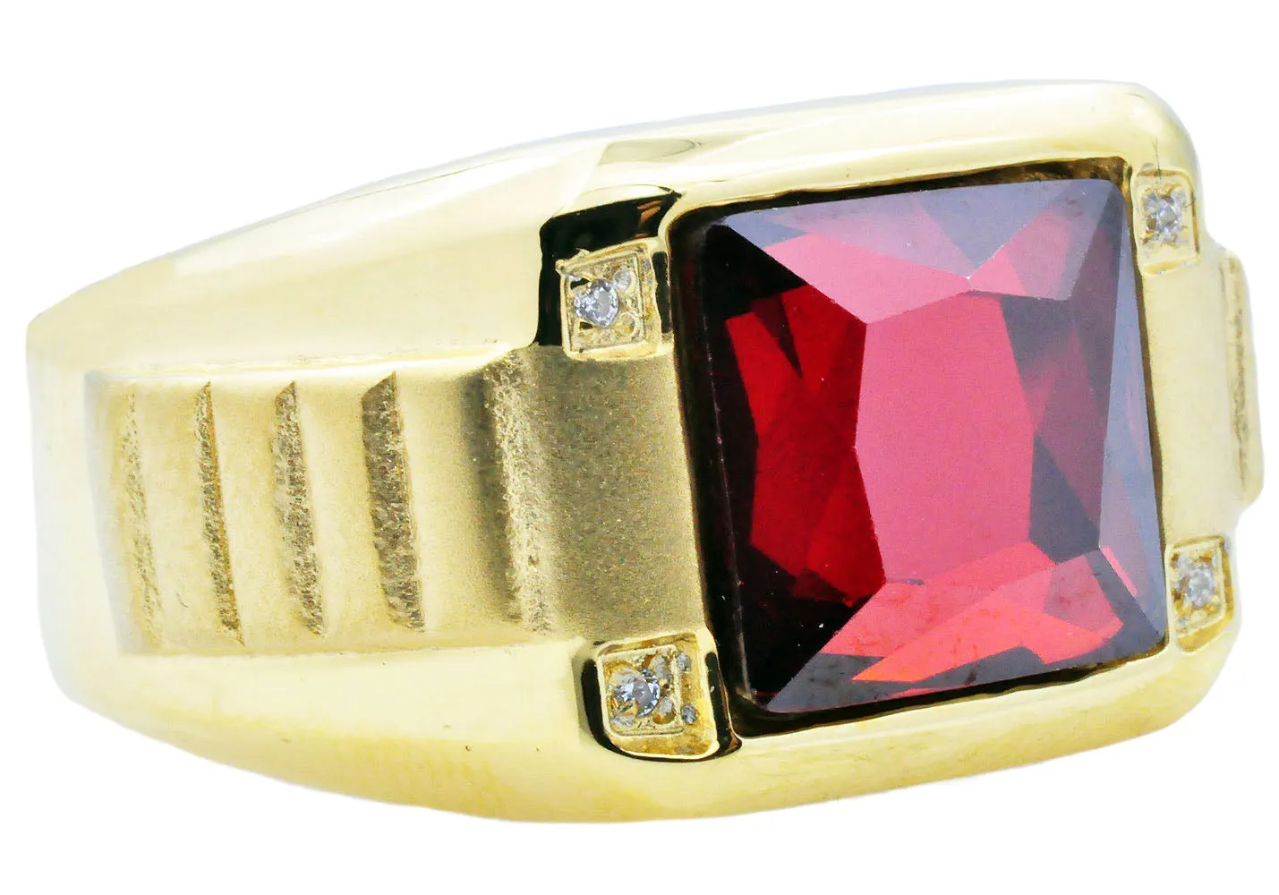 Mens Genuine Red Spinel And Gold Stainless Steel Ring With Cubic Zirconia