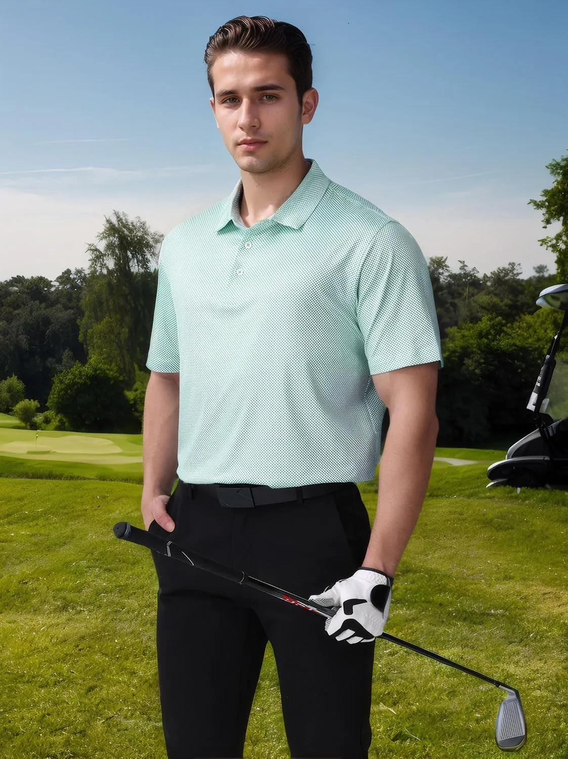 Mens Golf Polo Shirts Short Sleeve Print Performance Moisture Wicking Dry Fit Collared Golf Shirts for Men