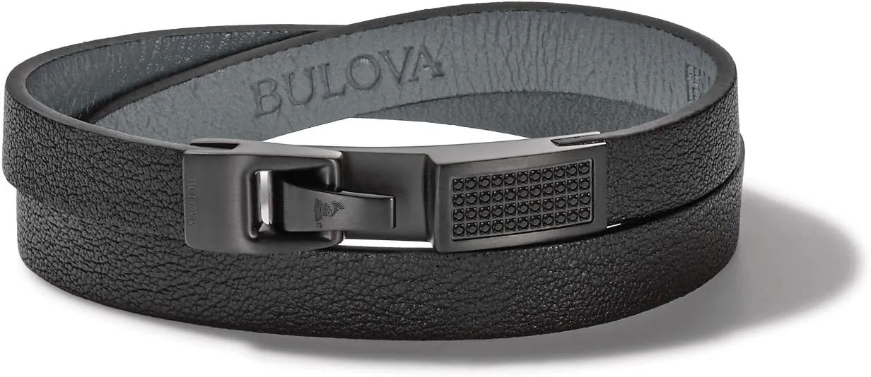 Men's Latin GRAMMY Double Wrap Black Leather Bracelet with Diamonds and Clasp Closure